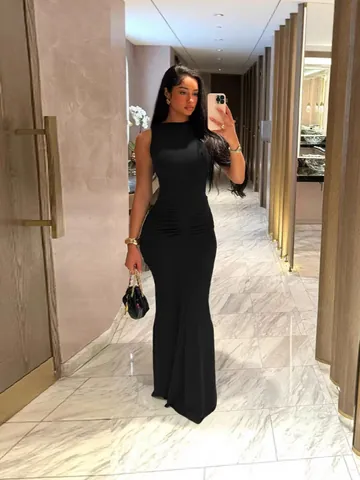 Women Sexy Ruched Bodycon Maxi Dress Sleeveless Mock Neck Slim Fit Polyester Spandex Spliced Evening Party Club Vestido