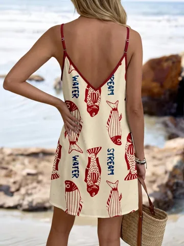 Women's Summer V-Neck Spaghetti Strap Floral Print Mini Dress Sleeveless Beach Vacation Loose A-Line Short Dress Sundress