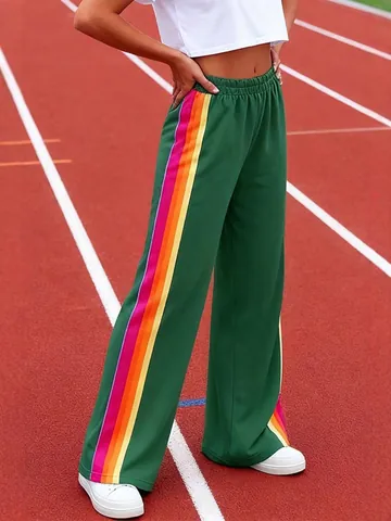 Women Casual Color Block Side Stripe Wide Leg Pants Elastic Mid Waist Athleisure Trousers Loose Breathable Fashion Bottom