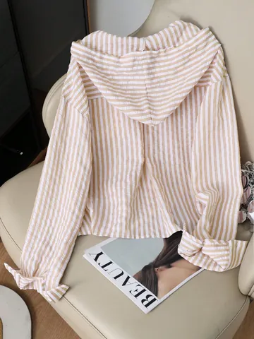 Women Casual Striped Hooded Shirt Long Sleeve Button Down Beach Sun Protection Cover Up Lazy Style Loose Holiday Blouse Top