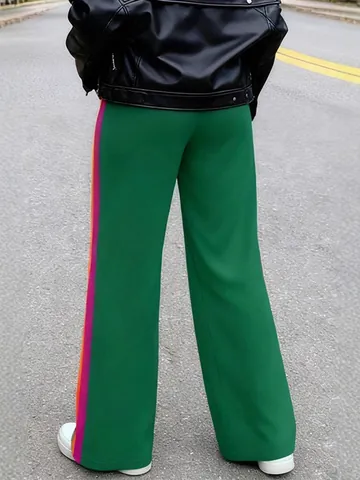 Women Casual Color Block Side Stripe Wide Leg Pants Elastic Mid Waist Athleisure Trousers Loose Breathable Fashion Bottom