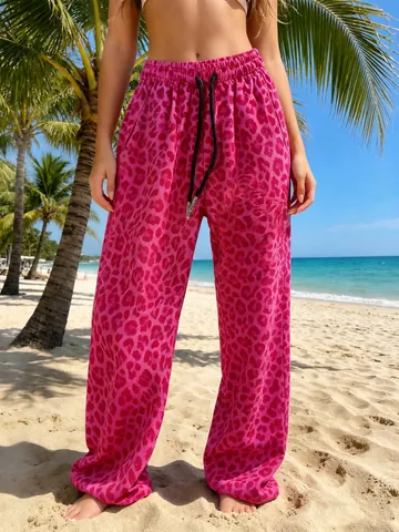 Women's Sexy Leopard Print Wide Leg Casual Pants High Waist Elastic Drawstring Loose Yoga Trousers Vacation Bottom