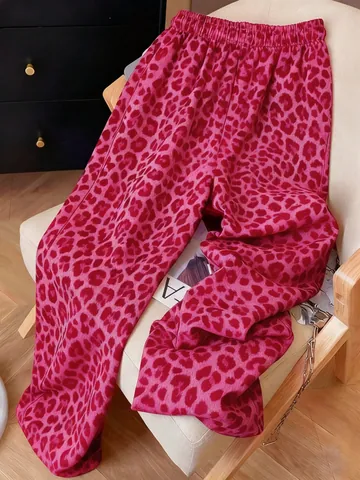 Women's Sexy Leopard Print Wide Leg Casual Pants High Waist Elastic Drawstring Loose Yoga Trousers Vacation Bottom