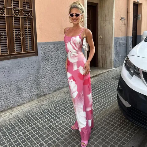 Vestido Maxi de Camisola con Estampado Floral para Mujer Sexy Ajustado con Espalda al Aire y Abertura para Fiesta Playa