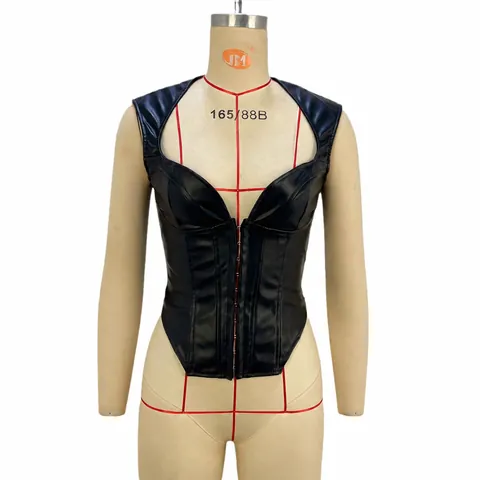 Women Sexy PU Faux Leather Sleeveless Corset Top Slim Fit Fishbone Bustier Nightclub Party Tube Top Patchwork Streetwear