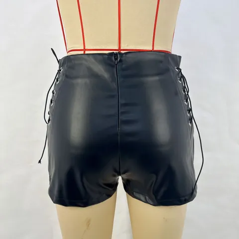 Pantalones Cortos de Cuero de Imitación de Cintura Alta para Mujer Con Cordones Laterales Ojales Ajustados Sexy Hot Girl Clubwear Negro Elástico