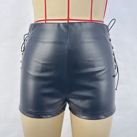 Pantalones Cortos de Cuero de Imitación de Cintura Alta para Mujer Con Cordones Laterales Ojales Ajustados Sexy Hot Girl Clubwear Negro Elástico
