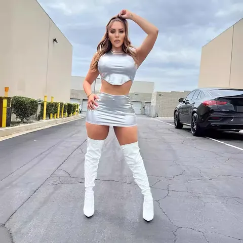 Women Polyester Spandex Sleeveless Crop Top And Bottom Skirt Set Metallic PU Faux Leather Slim Fit Party Clubwear Two Piece Outfits