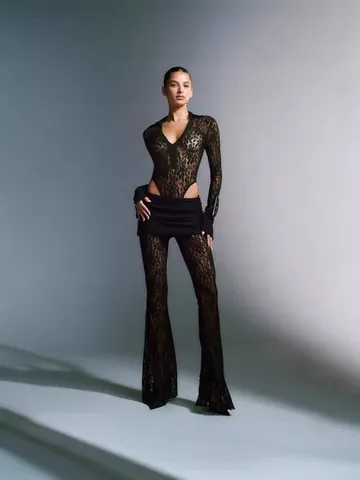Women Sexy Lace Patchwork Deep V Long Sleeve Top And High Waist Flared Pants Slim Sheer Mesh Nightclub Top And Bottom