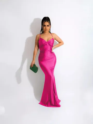 Women Sexy Backless Satin Cami Maxi Dress Elegant Ruched V-Neck Slim Fit Evening Party Gown Solid Color Polyester Bodycon Dress