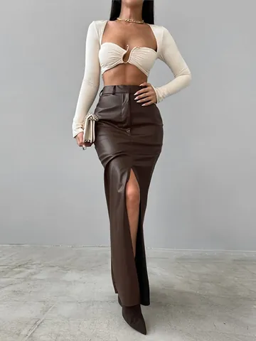 Women High Waist PU Leather Maxi Skirt Fashion Solid Color Bodycon Split Long Skirt With Splicing Design Streetwear Bottom