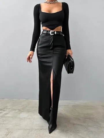 Women High Waist PU Leather Maxi Skirt Fashion Solid Color Bodycon Split Long Skirt With Splicing Design Streetwear Bottom