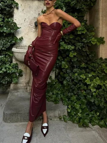 Women's Sexy PU Leather Stitching Tube Top Ruched Maxi Dress Slim Fit Backless Lace-up Split Evening Party Club Long Dress