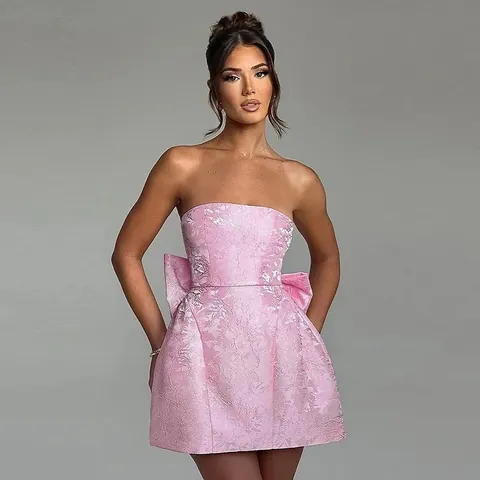 Women Sexy Strapless Jacquard Bow Mini Dress Elegant Slim Fit Backless Lace Up Party Dress Summer Solid Color Bodycon Sundress