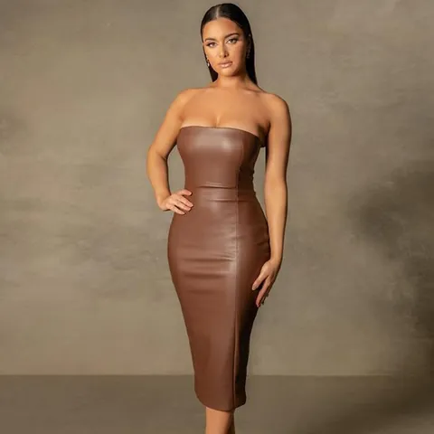 Sexy Strapless PU Leather Midi Dress For Women Solid Color Bodycon Slit Back Slim Fit Elegant Club Party Dresses