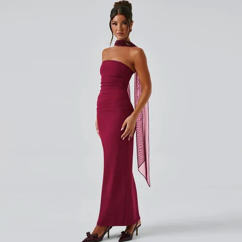 Women's Sexy Strapless Maxi Dress Three Piece Set With Long Sleeves And Scarf Solid Color Elegant Party Evening Formal Dress