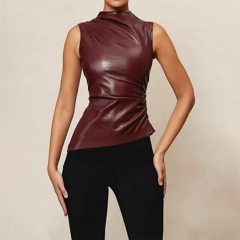 Top da Donna in Pelle Artificiale Senza Maniche Colletto alla Coreana Vita Arricciata Orlo Irregolare Stile Street Gilet in Pelle per Festa Quotidiana