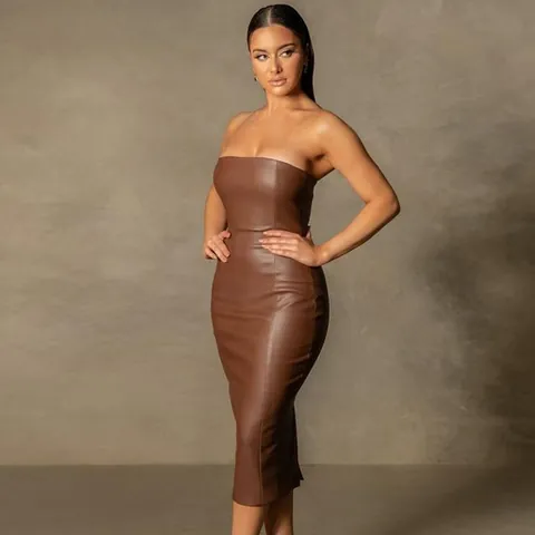 Sexy Strapless PU Leather Midi Dress For Women Solid Color Bodycon Slit Back Slim Fit Elegant Club Party Dresses