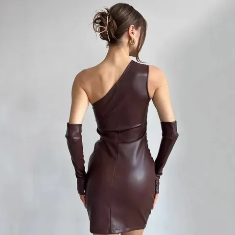 Women Streetwear One Shoulder PU Leather Ruched Mini Dress With Detachable Sleeves Top And Bottom Sexy Bodycon Party Outfit