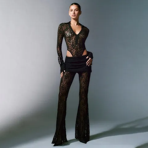 Sexy Schwarz Spitze Patchwork Tiefer V-Ausschnitt Langarm Top Und Hohe Taille Schlaghose Set Damen Nachtclub Party Kleidung