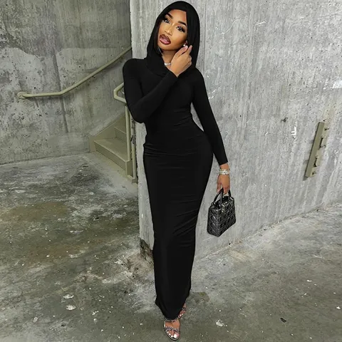 Fashion European Women Hooded Bodycon Maxi Dress Extra Long Sleeve Side Split Slim Fit Autumn Polyester Pullover Dress