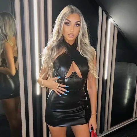Women Sexy Halter Neck Hollow Out PU Leather Mini Dress Elegant Sleeveless Backless Bodycon Party Clubwear Banquet Evening Dress