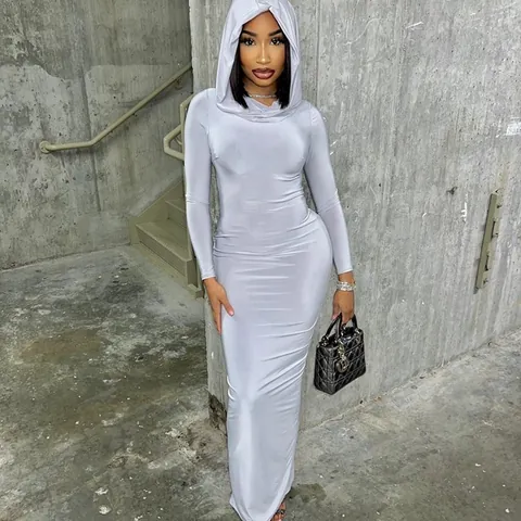 Women Milk Silk Hooded Bodycon Dress Elegant Solid Color Slim Fit Maxi Dress Long Sleeve Sleeveless Hip Wrap Dress