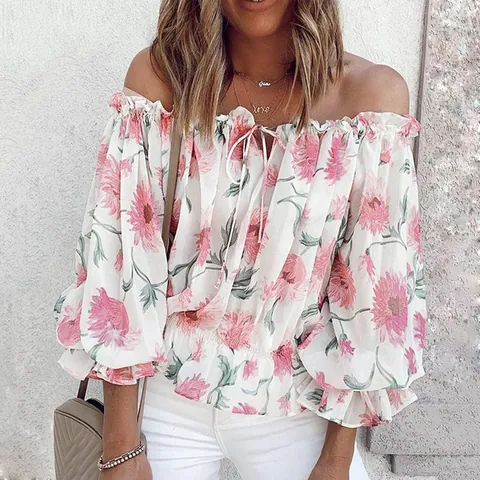 Women's Casual Off-Shoulder Floral Printed Chiffon Blouse Loose Long Sleeve Top Summer Sexy Streetwear Lightweight Fashion Blouse