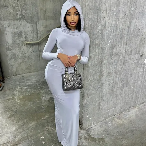 Women Milk Silk Hooded Bodycon Dress Elegant Solid Color Slim Fit Maxi Dress Long Sleeve Sleeveless Hip Wrap Dress