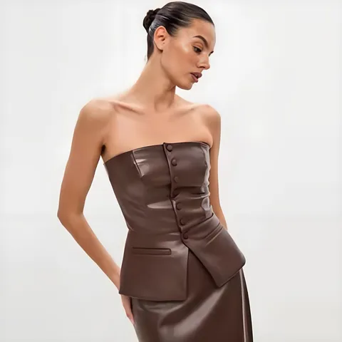 Women Sexy PU Leather Strapless Top French Design Single Breasted Corset Camisole Street Trend Slim Fit Leather Tube Top