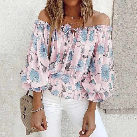 Women's Casual Off-Shoulder Floral Printed Chiffon Blouse Loose Long Sleeve Top Summer Sexy Streetwear Lightweight Fashion Blouse