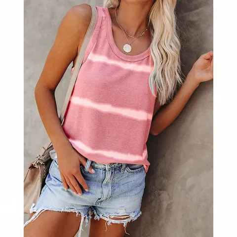 Women Casual Sleeveless Striped Tank Top Polyester Round Neck Loose Fit Summer Print Graphic Top For Daily Vacation Women