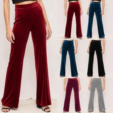 Women High Waist Velvet Flare Pants Casual Solid Color Elastic Waist Long Trousers Slimming Autumn Winter Streetwear Top