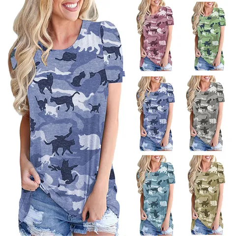 Camiseta de Verano de Manga Corta para Mujer Casual Cuello Redondo Estampado de Gato Animal Camuflaje Top Holgado Moda Diaria