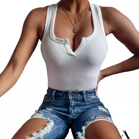 Women Sexy V Neck Ribbed Tank Top Summer Sleeveless Racerback Cami Top Solid Color Cotton Blend Casual Streetwear Slim Fit Top