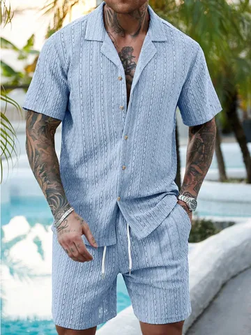 Herren Sommer Casual Kurzarm Hemd Und Kordelzug Shorts Top Und Bottom Urlaub Strukturierte Strick Atmungsaktive Outfits