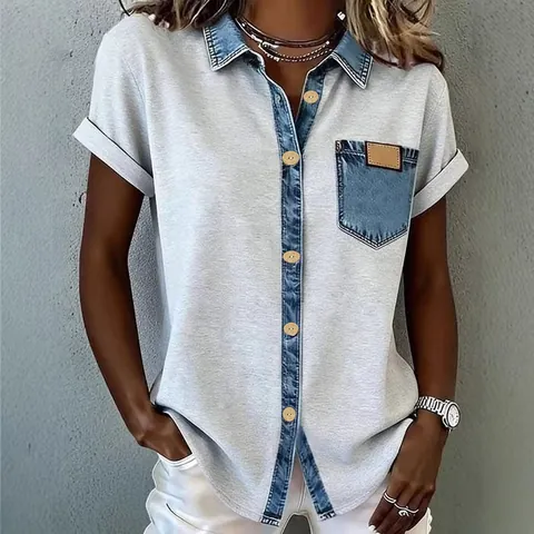 Dames American Vintage Color Block Patchwork T-Shirt met Korte Mouwen Contrast Revers Knoop Casual Top Polyester Kleding