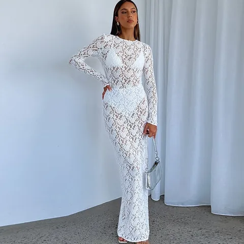 Women's Sexy Sheer Floral Lace Long Sleeve Dress Slim Fit Solid Color Hollow Out Pullover Party Vacation Maxi Dress