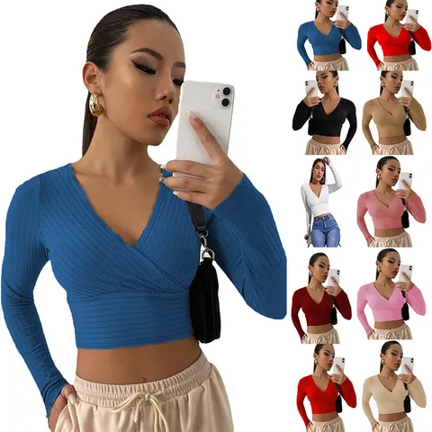 Camiseta Sexy de Mujer con Cuello en V de Punto Canalé Manga Larga Ajustada Crop Top Color Sólido Pullover Algodón Casual Top Ceñido