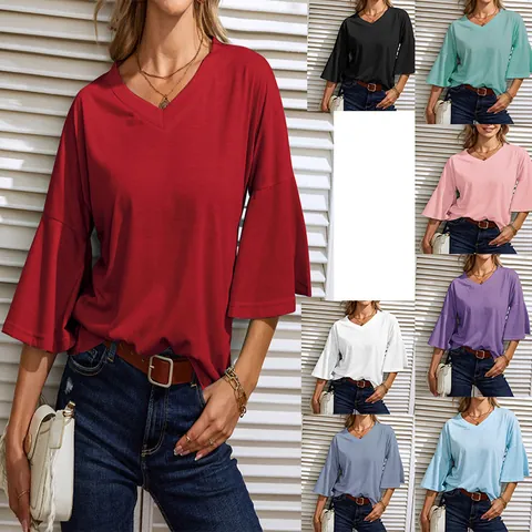 Women Casual Solid V-Neck Bell Sleeve T-Shirt Loose Fit Flare Sleeve Acrylic Top Summer Fashion Streetwear Daily Wear