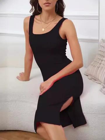 Women's Elegant Ribbed Midi Dress Sexy Square Neck Sleeveless Slim Fit Side Split Bodycon Spring Summer Party Solid Knit Dress