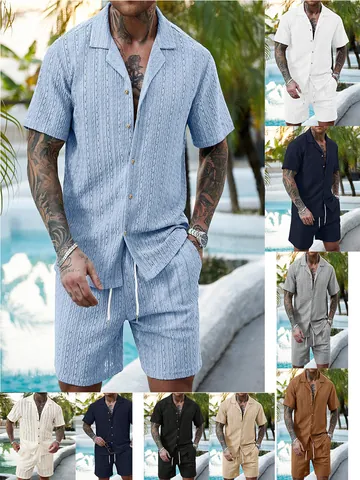 Herren Sommer Casual Kurzarm Hemd Und Kordelzug Shorts Top Und Bottom Urlaub Strukturierte Strick Atmungsaktive Outfits