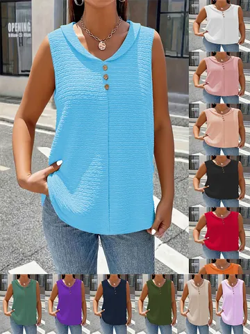 Débardeur Femme Élégant Col en V Sans Manches Couleur Unie Coupe Ample Décontracté à Boutons Texturé Top d'Été pour Vacances