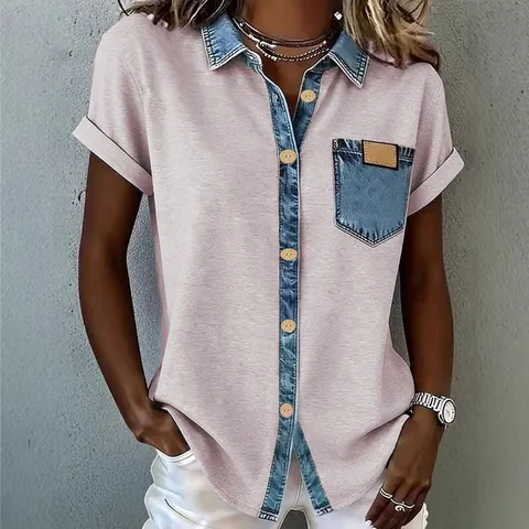 Dames American Vintage Color Block Patchwork T-Shirt met Korte Mouwen Contrast Revers Knoop Casual Top Polyester Kleding