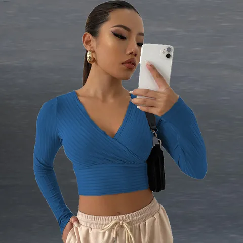 Camiseta Sexy de Mujer con Cuello en V de Punto Canalé Manga Larga Ajustada Crop Top Color Sólido Pullover Algodón Casual Top Ceñido
