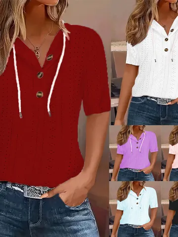 Dames Casual Gebreide Top met Capuchon Opengewerkt Jacquard Gehaakt Korte Mouw Knoop Pullover Streetwear Zonbescherming Kleding