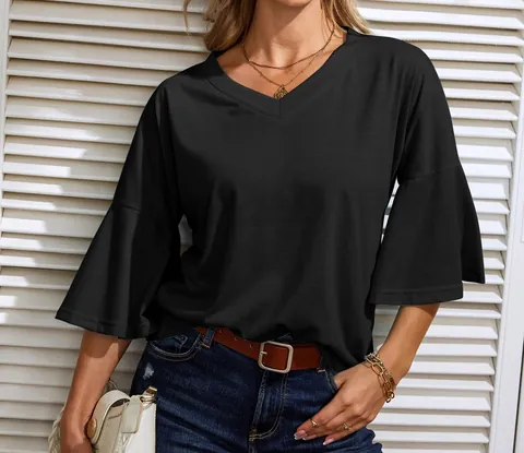 Women Casual Solid V-Neck Bell Sleeve T-Shirt Loose Fit Flare Sleeve Acrylic Top Summer Fashion Streetwear Daily Wear