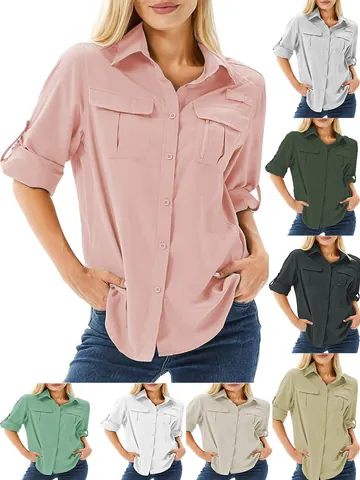 Women Outdoor Quick Dry Sun Protection Shirt Long Sleeve Button Down Loose Fit Blouse Top With Cargo Pockets For Hiking