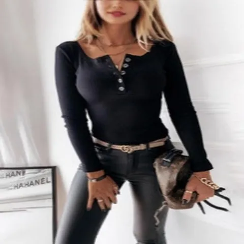 Women's Slim Fit Ribbed Henley Neck Long Sleeve Top Casual Button Front Solid Color Polyester Shirt Fashion Pullover Top