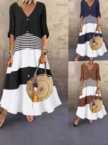 Women V-Neck Patchwork Printed Long Dress Casual Button Striped Polka Dot A-Line Resort Style Loose Polyester Maxi Dress
